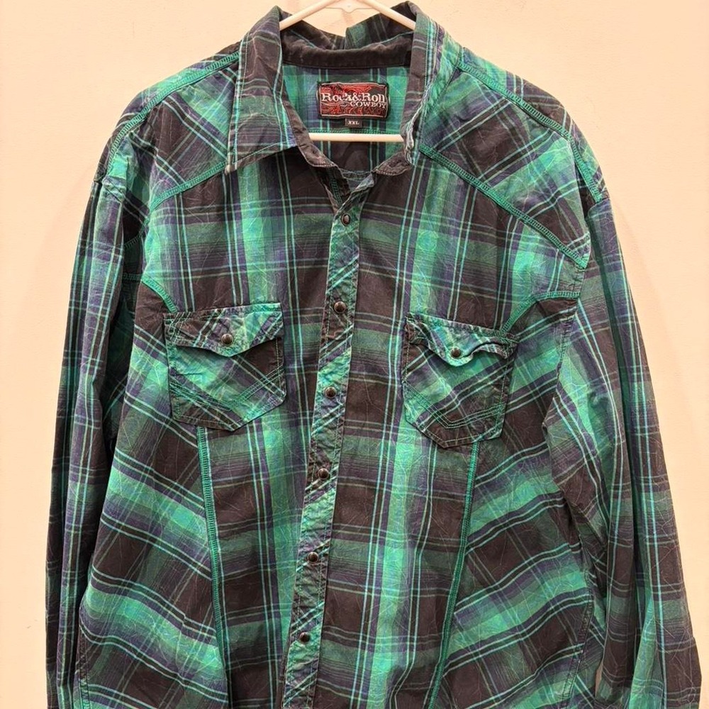 'Rock & Roll Cowboy vintage looking green plaid black pearl button up